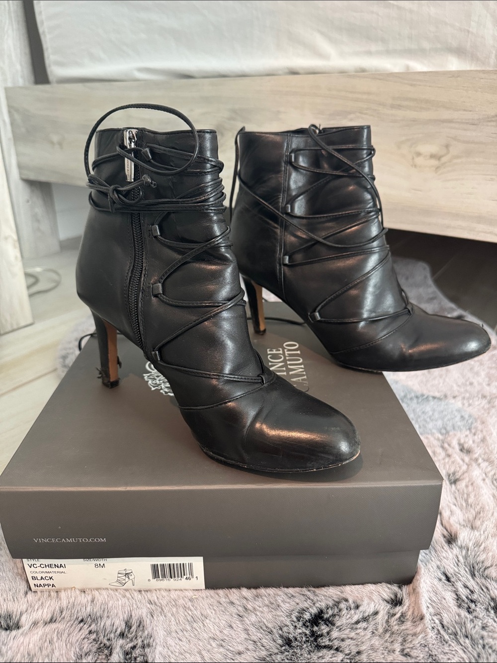 Vince Camuto Black Leather Lace-Up Stiletto Ankle Boots